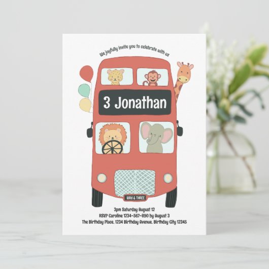 Invitation Custom 3Birthday Wild and Three Safari Bus Boho (Debout devant)