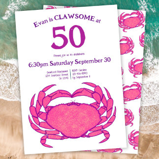 Invitation Custom 50th Birthday Bold Pink Crab Seafood Pun