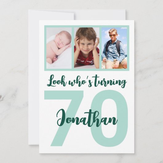Invitation Custom 70th Birthday Green Script Photo Collage (Devant)