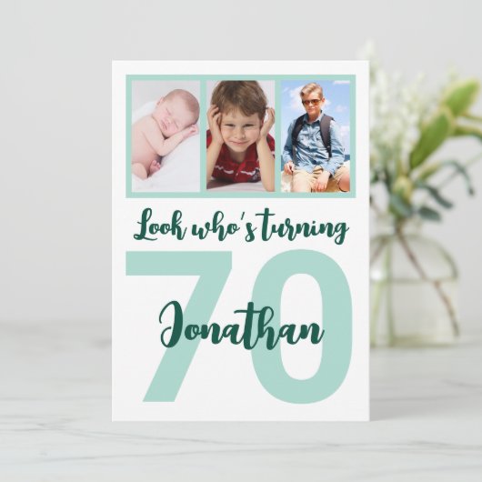 Invitation Custom 70th Birthday Green Script Photo Collage (Debout devant)
