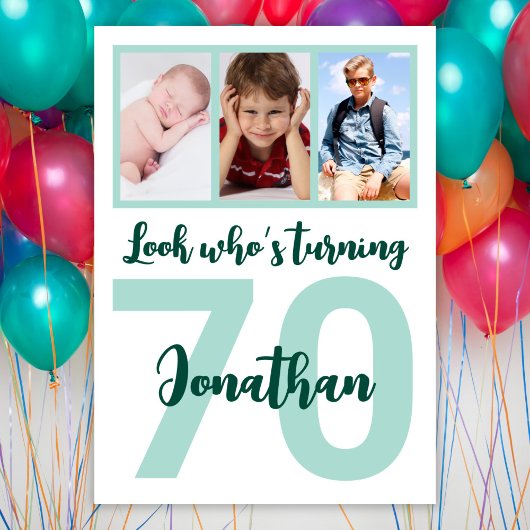Invitation Custom 70th Birthday Green Script Photo Collage