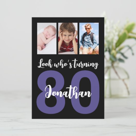 Invitation Custom 80th Birthday Black Modern Photo Collage (Debout devant)