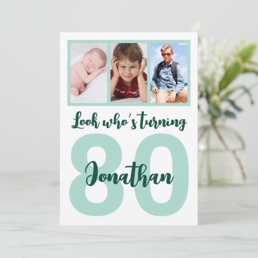 Invitation Custom 80th Birthday Green Script Photo Collage (Debout devant)