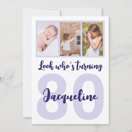 Invitation Custom 80th Birthday Purple Script Photo Collage (Devant)