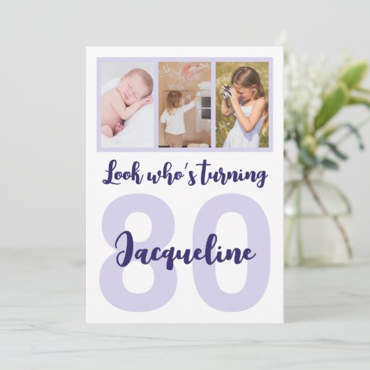 Invitation Custom 80th Birthday Purple Script Photo Collage (Debout devant)