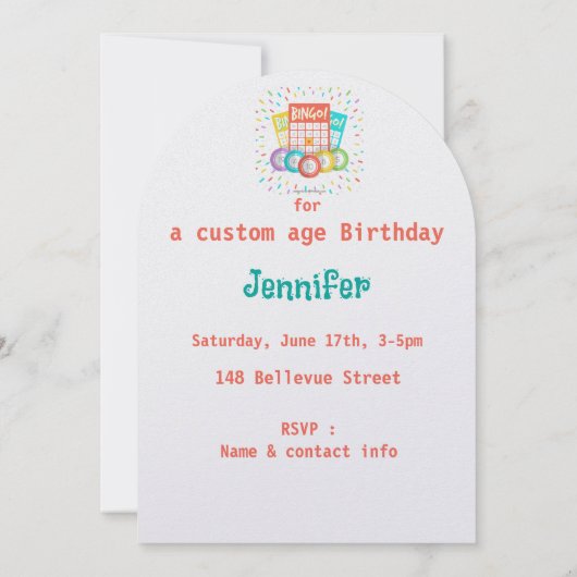 Invitation Custom Age fun Bingo Thème Anniversaire (Dos)