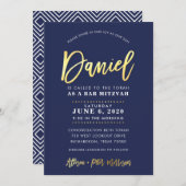Invitation CUSTOM Bar Mitzvah marine moderne + nom or DANIEL (Devant / Derrière)