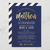 Invitation CUSTOM Bar Mitzvah marine moderne + nom or MATTHEW (Devant / Derrière)