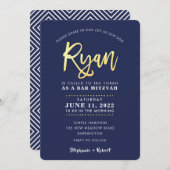 Invitation CUSTOM Bar Mitzvah marine moderne + nom or RYAN In (Devant / Derrière)