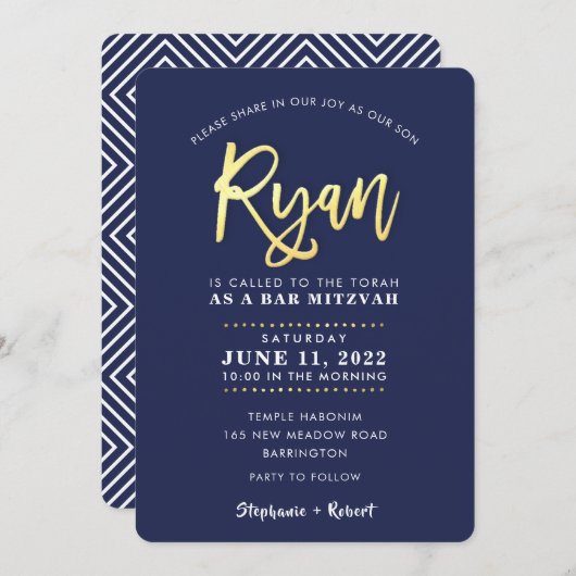 Invitation CUSTOM Bar Mitzvah marine moderne + nom or RYAN In (Devant / Derrière)