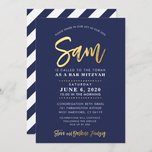 Invitation CUSTOM Bar Mitzvah marine moderne + nom or SAM (Devant / Derrière)