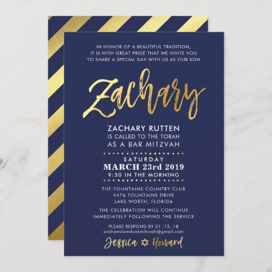 Invitation CUSTOM Bar Mitzvah marine moderne + or ZACHARY (Devant / Derrière)