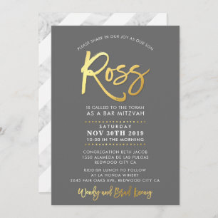 Invitation CUSTOM Bar Mitzvah moderne gris + or ROSS