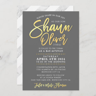 Invitation CUSTOM Bar Mitzvah nom de script d'or SHAUN