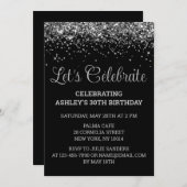 Invitation Custom Black & Silver Glitter 30th Birthday Party (Devant / Derrière)