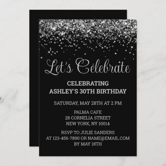 Invitation Custom Black & Silver Glitter 30th Birthday Party (Devant / Derrière)