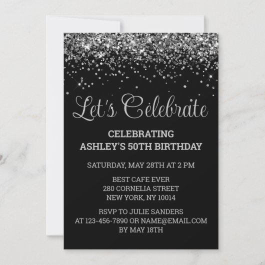 Invitation Custom Black & Silver Glitter 50th Birthday Party (Devant)