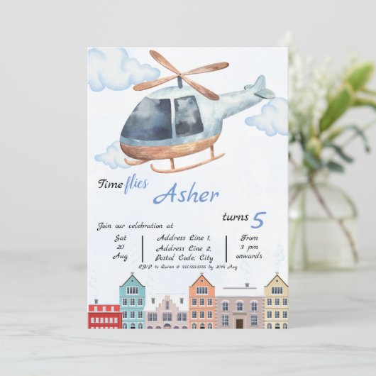 Invitation Custom Blue Watercolor Helicopter Boys Birthday (Debout devant)