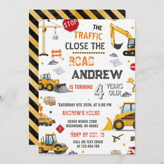 Invitation Custom Construction Dump Truck Birthday  (Devant / Derrière)