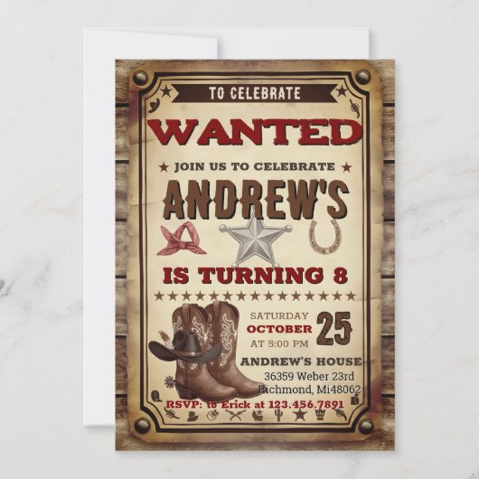 Invitation Custom Cowboy Country Western Birthday party (Devant)