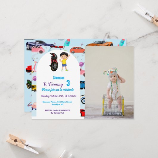 Invitation Custom Cute voiture moto fête d'anniversaire Invit (Devant/Arrière en situation)