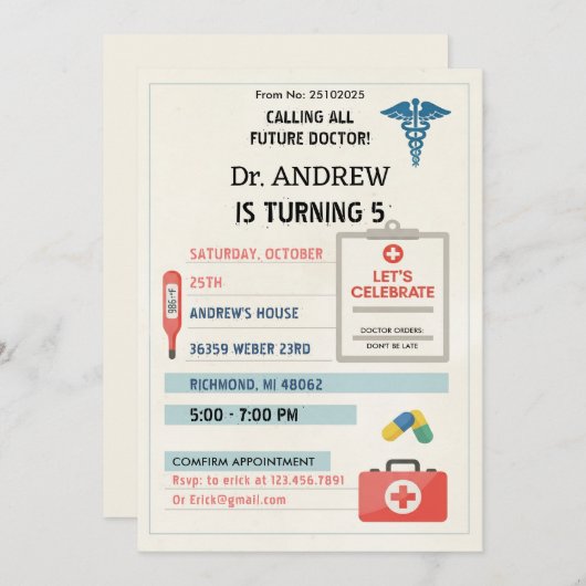 Invitation Custom Digital Doctor Kids Pretend Birthday Party (Devant / Derrière)