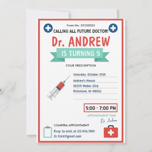 Invitation Custom Digital Kids Doctor Pretend Birthday Party (Devant)