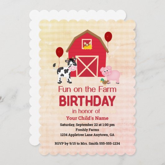 Invitation Custom Fun on the Farm Child Birthday Gingham  (Devant / Derrière)