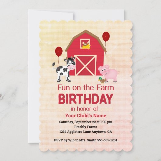 Invitation Custom Fun on the Farm Child Birthday Gingham (Devant)