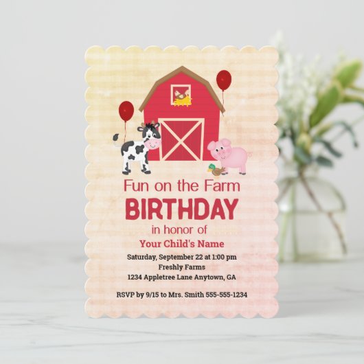 Invitation Custom Fun on the Farm Child Birthday Gingham  (Debout devant)