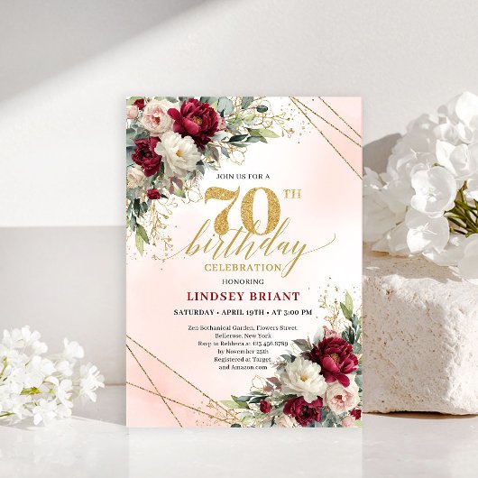 Invitation Custom gold floral 70th birthday invite for men