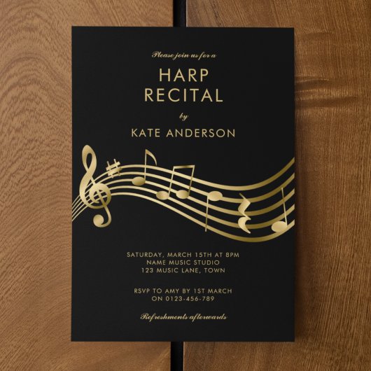 Invitation Custom Harp Considérant Gold Music Notes Noir