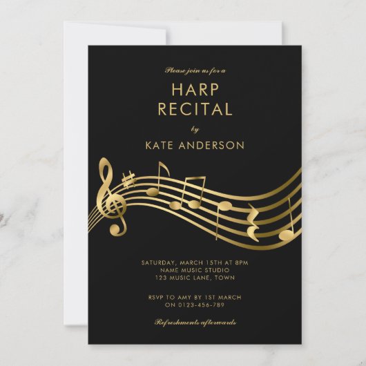 Invitation Custom Harp Considérant Gold Music Notes Noir (Devant)