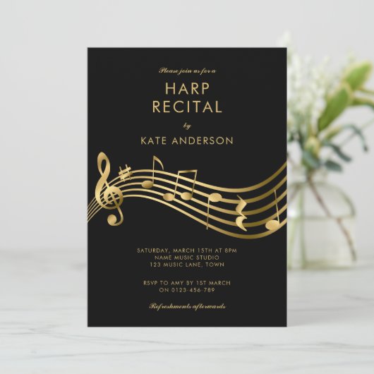 Invitation Custom Harp Considérant Gold Music Notes Noir (Debout devant)