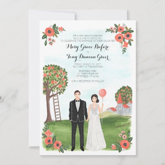 Invitation Custom Illustrated Couple Portrait Farm Wedding (Devant)