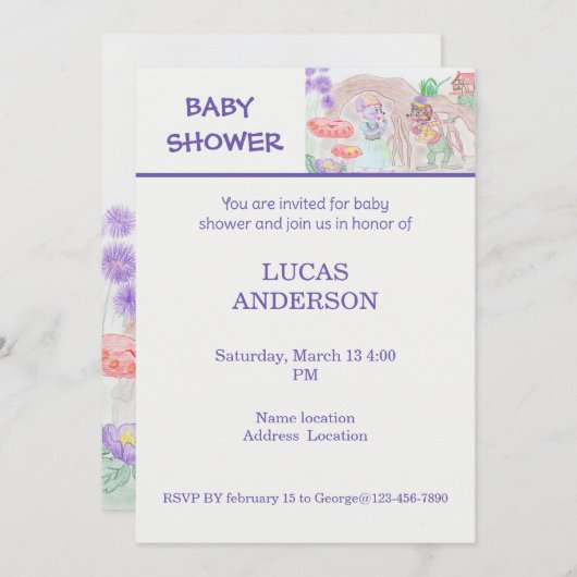 Invitation Custom Kids Artwork, deux mignonnes souris, fleurs (Devant / Derrière)