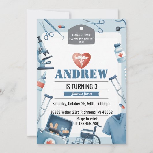Invitation Custom Kids Doctor Medical Birthday Party  (Devant)