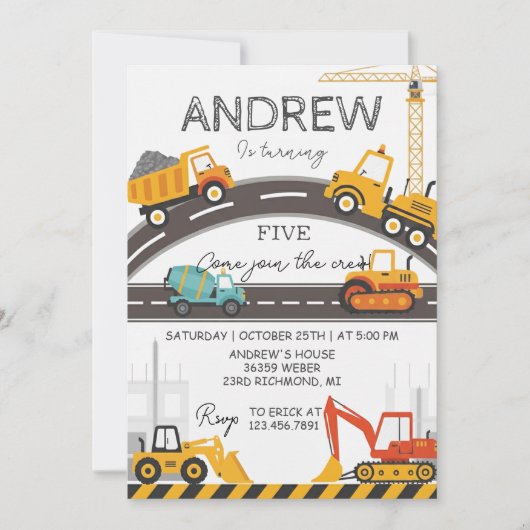 Invitation Custom Modern Construction Birthday card (Devant)