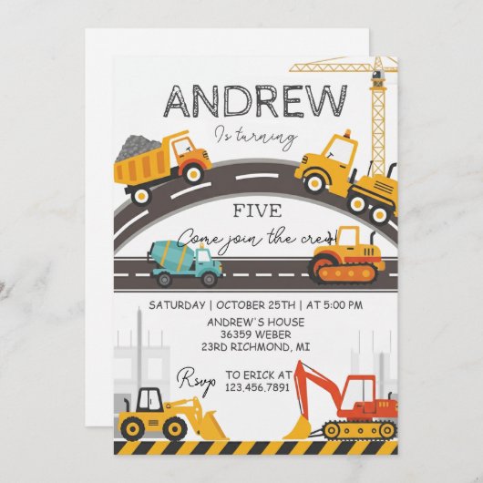 Invitation Custom Modern Construction Birthday card (Devant / Derrière)