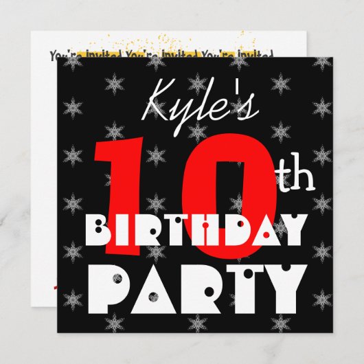 Invitation Custom Modern Kid's 10th Birthday Red and Black V8 (Devant / Derrière)