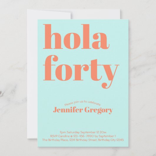 Invitation Custom Modern Turquoise Hola Quarante 40e annivers (Devant)