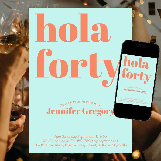 Invitation Custom Modern Turquoise Hola Quarante 40e annivers