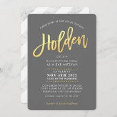Invitation CUSTOM moderne Bar Mitzvah gris faux or HOLDEN (Devant / Derrière)