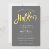 Invitation CUSTOM moderne Bar Mitzvah gris faux or HOLDEN (Devant)