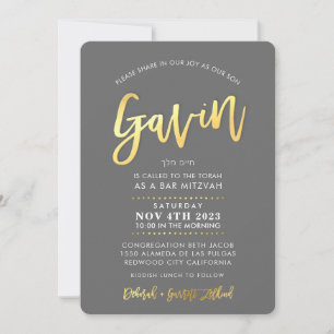 Invitation CUSTOM moderne Bar Mitzvah pour GAVIN gris faux or