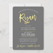 Invitation CUSTOM moderne Bar Mitzvah pour RYAN gris faux or (Devant)
