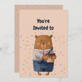 Invitation Custom Name Age Birthday Party Teddy Bear (Devant / Derrière)