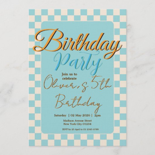 Invitation Custom Pastel Blue Checkered Birthday Party (Devant)