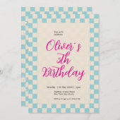 Invitation Custom Pastel Blue Checkered Birthday Party (Devant / Derrière)