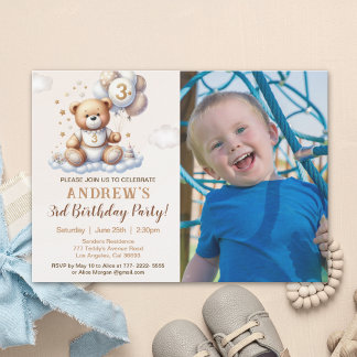 Invitation Custom Photo 3rd Birthday Invite – Bear on a Cloud